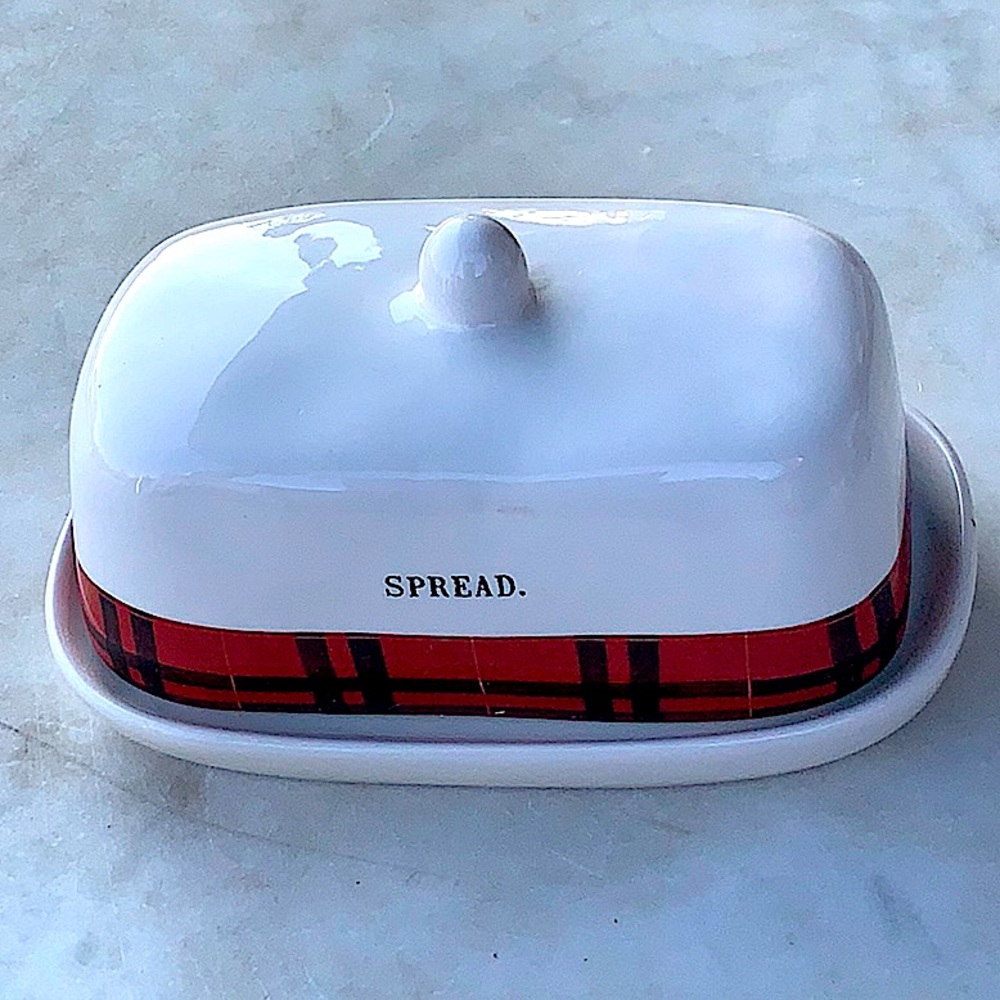 RAE DUNN SPREAD COVERED BUTTER DISH RED BLACK PLAID BAND 1 1/4TH LB 2PC